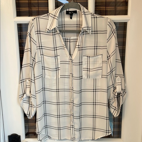 BCX White Plaid Button-Up Blouse size Large - Picture 1 of 8